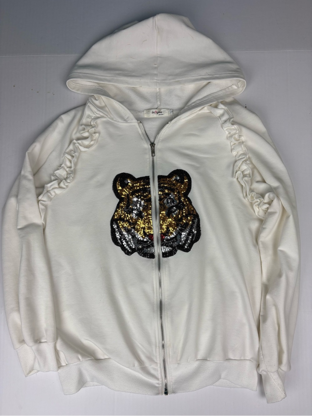 In 2 You Fashion Women Large Sweatshirt Sequin Tiger White Zipper Ruffle Flaws